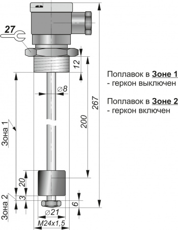 Датчик герконовый поплавковый уровня жидкости DFG 21.20-B1-NO/NC-200.08-M24x1,5-K-L