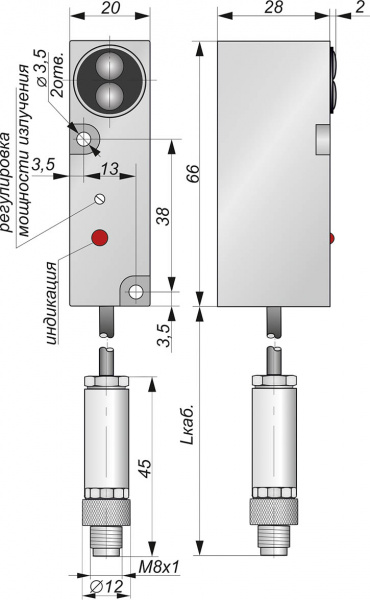 Датчик бесконтактный оптический OC152-NO/NC-PNP-P8.4(с регулировкой, Lкаб=0,1м)