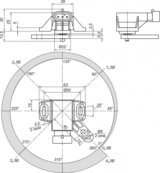 Датчик угла поворота RAS01-1CCW360-5V-45